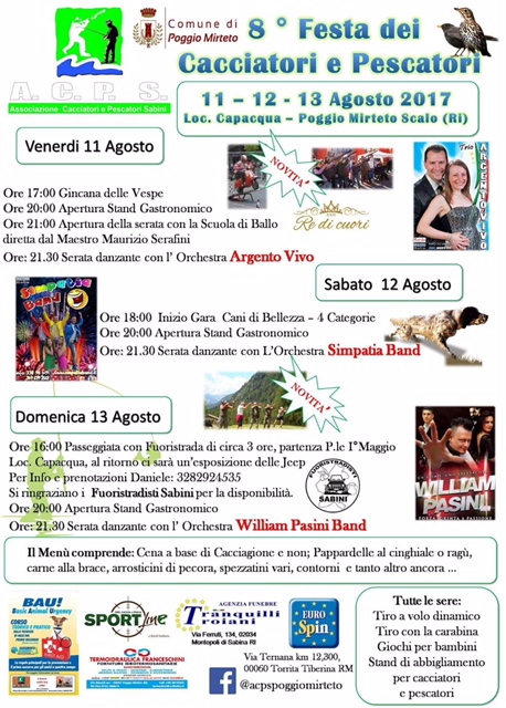 8 Festa del Cacciatore e pescatore 11-12-13 Agosto 2017 Poggio Mirteto - loc. Capacqua